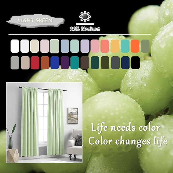 DONREN 90 inch Length Room Darkening Curtain Panels for Living Room - Energy Efficient Blackout Bedroom Curtains Thermal Insulated Rod Pocket,Light Green,52 x 90 inch Set of 2 Panels - Image 5