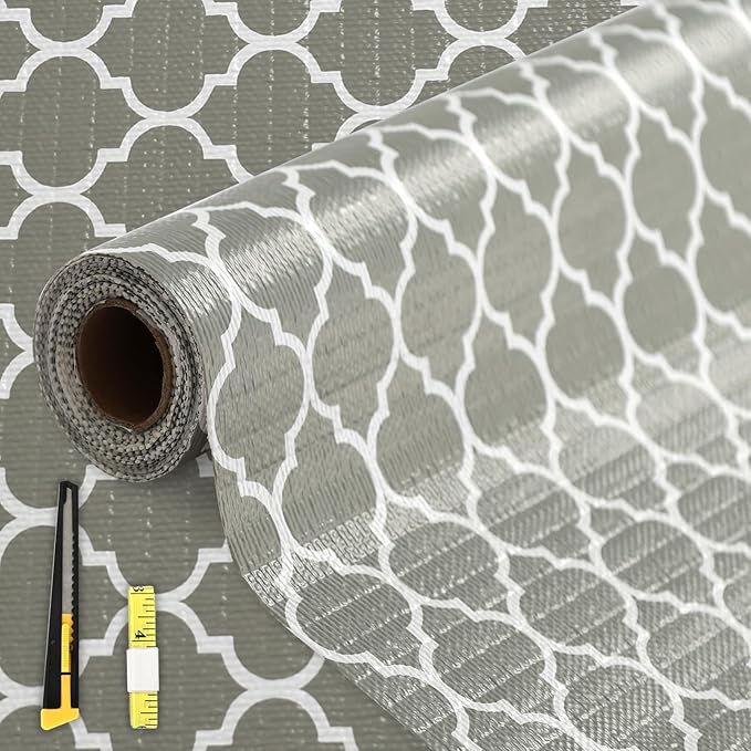FINNEZ Drawer and Shelf Liner for Kitchen Cabinet Non Adhesive Non Slip 17in x 20FT, Heavy Duty Gripper Cabinet Liners, Waterproof No Residue Easy Cut with Measuring Tape & Cutter Tool (White Grey) by FINNEZ