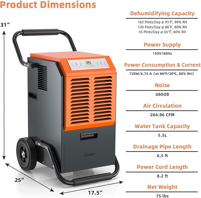 COSTWAY 163 Pints Commercial Dehumidifier, 4500 Sq.Ft Crawl Space Dehumidifier with Drain Hose, 24H Timer, for Basement, Warehouse, Job Site (Orange) - Image 7