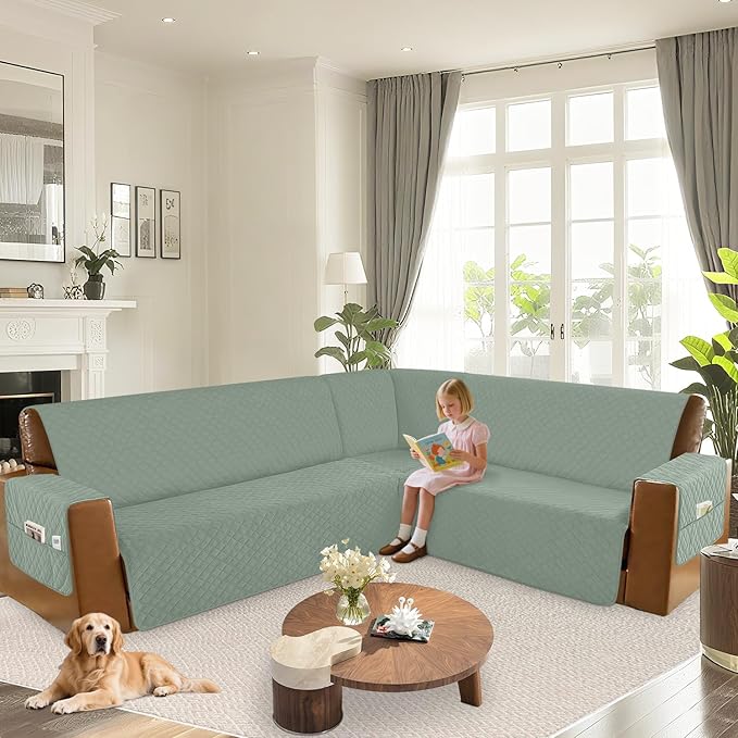 Arfntevss Waterproof Sectional Couch Covers L Shape Washable Velvet Sofa Cover for Sectional Non Slip Large Corner Slipcovers Dog 6 Pcs Universal U Shaped Furniture Protector (Sage Green, X-Large) - Image 6