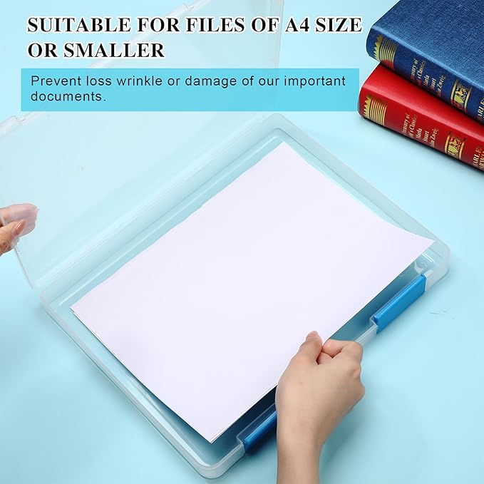 PerKoop 6 Pcs Clear Paper Storage Box A4 Plastic File Box Document Paper Organizer Storage Board Game Project Cases Containers with Buckle for Craft, Magazine(12.4 x 9.84 x 1.18 Inches,Blue) - Image 4