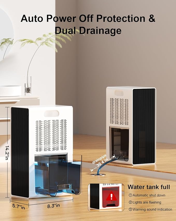 Dehumidifier for Home, 95 OZ Water Tank, (1000 sq.ft) Dehumidifiers for Bathroom Bedroom Basement RV with Drain Hose, Auto Shut Off White - Image 4