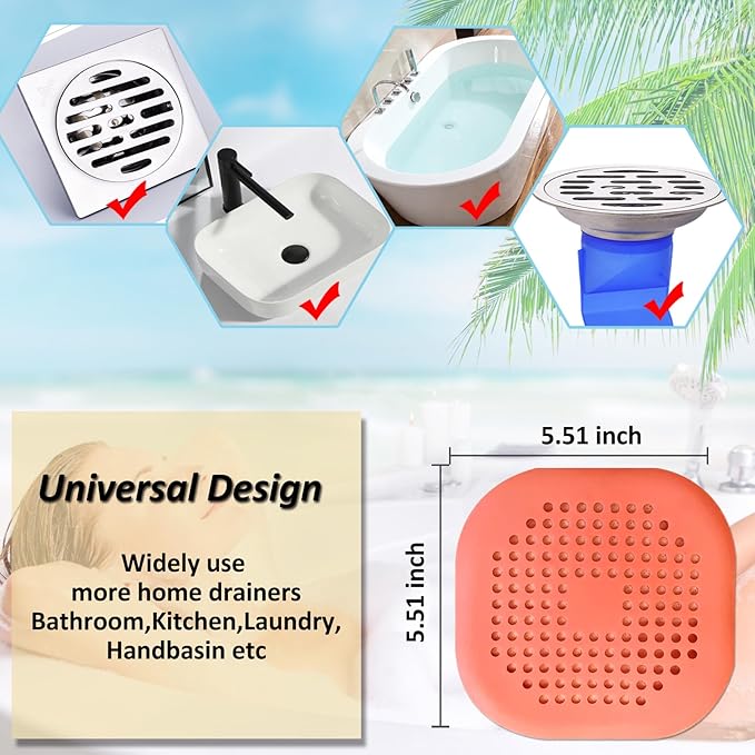 Hair Drain Catcher,Square Drain Cover for Shower Silicone Hair Stopper with Suction Cup,Easy to Install Suit for Bathroom,Bathtub,Kitchen 2 Pack (Orange) - Image 5