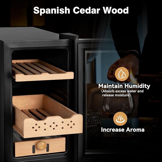 Electric Cooler Cabinet 25L with Temperature and Humidity Control, Spanish Cedar Wood Shelves and Safety Lock (200 Counts Capacity), Gift for Men - Image 4