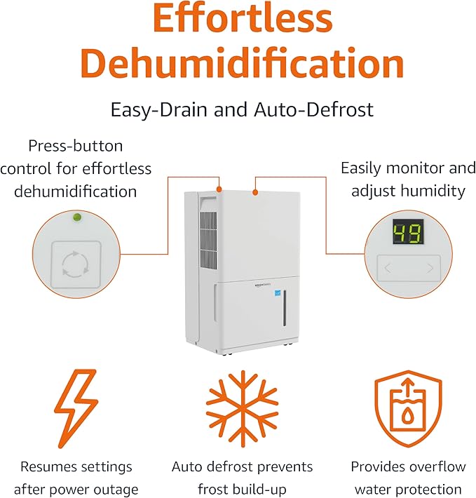 Amazon Basics 35-Pint Large Dehumidifier for Home, Energy Star Certified, Humidity Control, Auto-Defrost, Timer, Overflow Protection, for Rooms up to 2500 SFT, White - Image 2