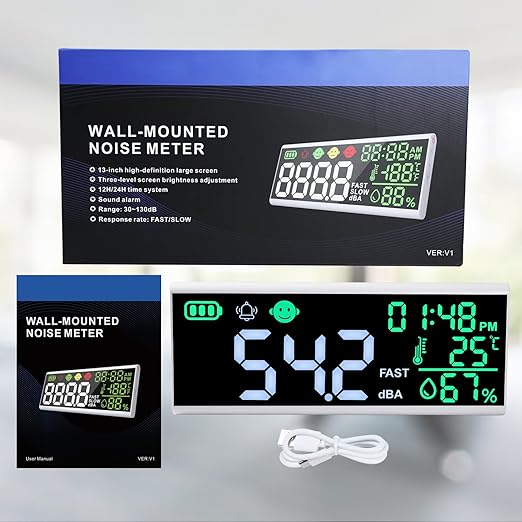 Decibel Meter 13 inches 30~130dB Sound Level Meter, Large LCD Display Wall Hanging Sound Gauge, Noise Level Detector, Decibel Monitoring Device, Time, Temperature, Humidity for Studio Classroom Home - Image 8