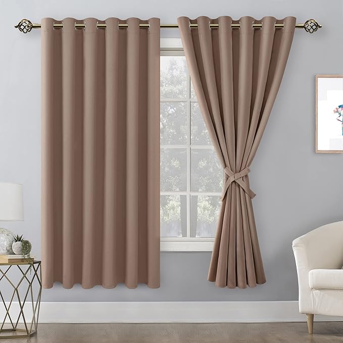 Hiasan Grommet Blackout Curtains for Bedroom, 70 x 63 Inches - Thermal Insulated & Light Blocking Window Drapes for Living Room/Dorm Room, Set of 2 Panels Sewn with Tiebacks, Cappuccino - Image 2