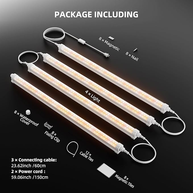 Spider Farmer 2FT LED Grow Lights for Indoor Plants,Full Spectrum (3000K+5000K+660nm),80W (4x20W,400W Equivalent),IP65 Waterproof,Linkable Design,Plant Light Strip for Shelves,Greenhouse,4-Pack - Image 9