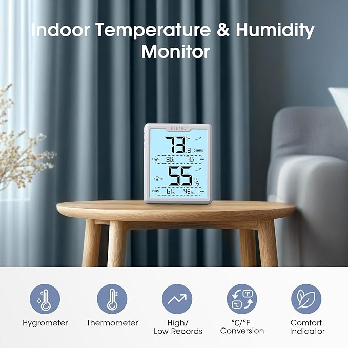DOQAUS Digital Hygrometer Room Thermometer Indoor, Humidity Meter with Large LCD Display, Backlight Temperature Humidity Monitor with Max Min Records, White - Image 3