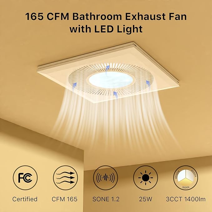 Bathroom Exhaust Fan with Light: 165CFM Shower Bathroom Vent Fan with 11.8IN 15w Led Light Combo Quiet 1.2 Sones Bath Ceiling vent with Adjustable Led Light 3000k/4000k/6500k For Home Bath - Image 2