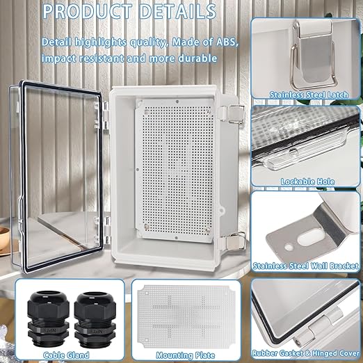 Zulkit Junction Box IP67 Waterproof Electrical Box Hinged Clear Cover Stainless Steel Latch Plastic Enclosure for Project w Mounting Plate Wall Bracket and 2 Cable Gland 11"x7.5"x5.5"/280x190x140mm - Image 4