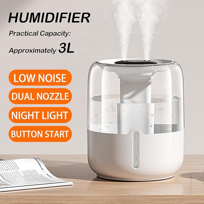 Humidifiers for Bedroom-Cold Mist Humidifier with Double Nozzle,3 Gear and Night Light,Easy to Fill & Clean,Quiet Cool Mist Air Humidifier for Plants, Office,Bedroom and Home Baby Nursery (White) - Image 2