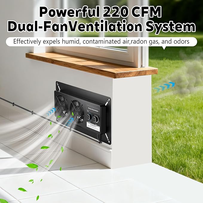 220 CFM Crawlspace Vent Fan, With Humidistat, Crawlspace Fans, For Moisture Reduction, Radon Mitigation, Freeze Protection, Ideal for Basement, Attic, Crawl Space Fan Vent(Air Out) - Image 2