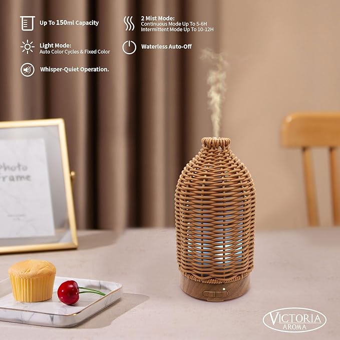 Essential Oil Diffuser - Multifunction Aromatherapy Diffuser 7 LED Color Changing Light 100ML Rattan Diffuser Easy to Clean Suitable for Home,Office (Tan) - Image 4