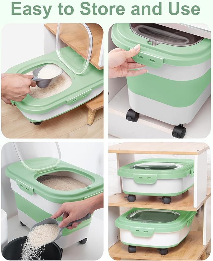 20-30 Lbs Rice Storage Container,Collapsible Food Storage Containers with Rolling Wheel Airtight Locking Lid,Flour Storage Container with Cup and Scoop,Suitable for Food,Rice,Pet Food,Flour - Image 4