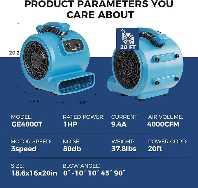 ALORAIR 4000 CFM Air Mover Blower Fan for Industrial, Floor Drying Fan, Carpet Dryer - Timer, Stackable, 3 Speeds, 5 Adjustable Angles Ideal for Water Damage Restoration and Plumbing - GE4000T - Image 8