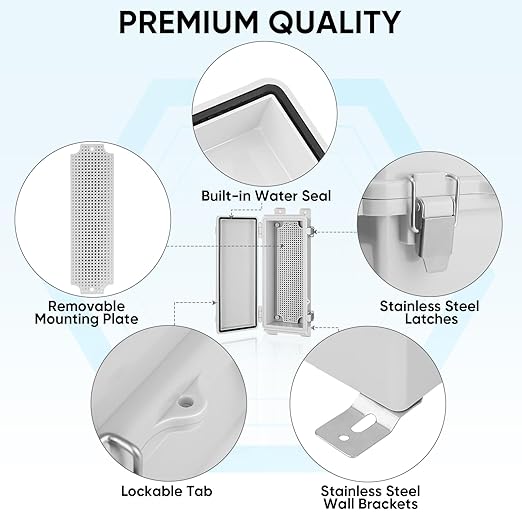 TICONN Outdoor Electrical Box Waterproof, Junction Box IP67 ABS Plastic Enclosure with Hinged Cover with Mounting Plate, Wall Brackets, Cable Glands (Off-White, 10.2"x4.3"x3.0") - Image 5