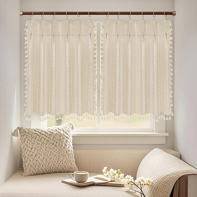 Beige Boho Farmhouse Window Curtain with Tassels, 30 x 36 Inch Light Filtering Sheer Short Cafe Window Curtain Tier, Linen Textured Pleated Small Window Drape for Kitchen or Bathroom, 1 Panel - Image 7