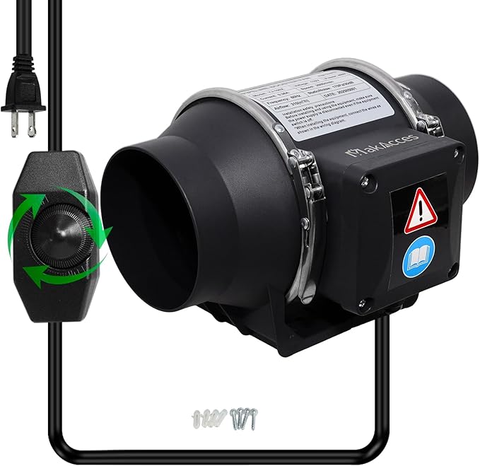 4 Inch Inline Duct Fan for Hydroponic Grow Tent Greenroom 3D Printer Enclosure Cover Kitchen, Powerful Copper Motor Ventilation Exhaust Fan, High Speed, Low Noise, Black, Pipes purchased separately by Makacces