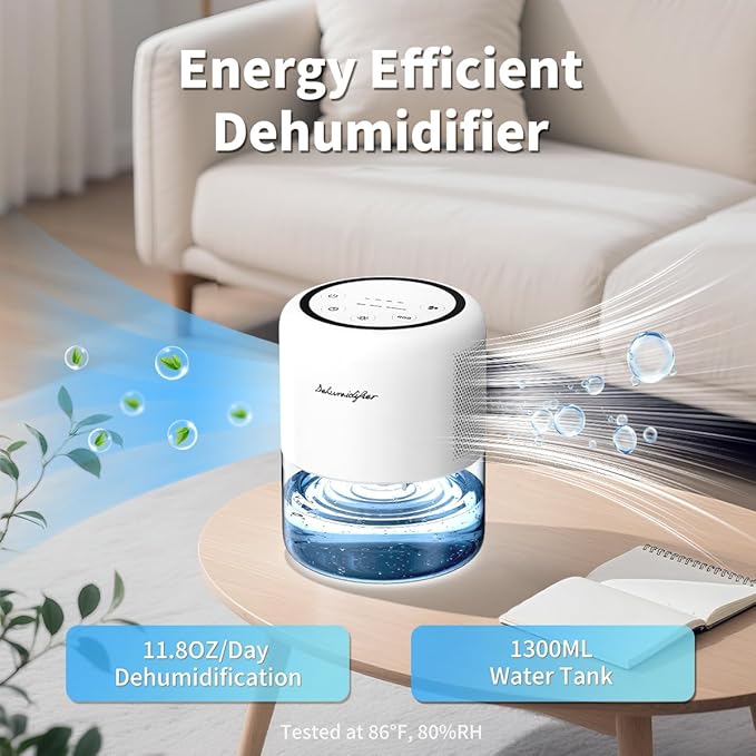 44oz(1.3L) Small Dehumidifier for Home Auto-Off Quiet Portable Dehumidifier with 3 Modes 10 Color Lights 4 Timer Settings for Bedroom Bathroom Closet (215 sq.ft) - Image 2