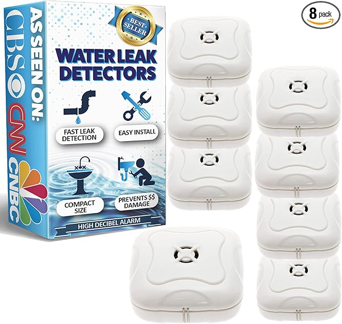 8 Pack Water Leak Detector - 95 dB Flood Detection Alarm Sensor for Bathrooms, Basements, Laundry Rooms, Garages, Attics and Kitchens by Mindful Design (White) by MindfulDesign