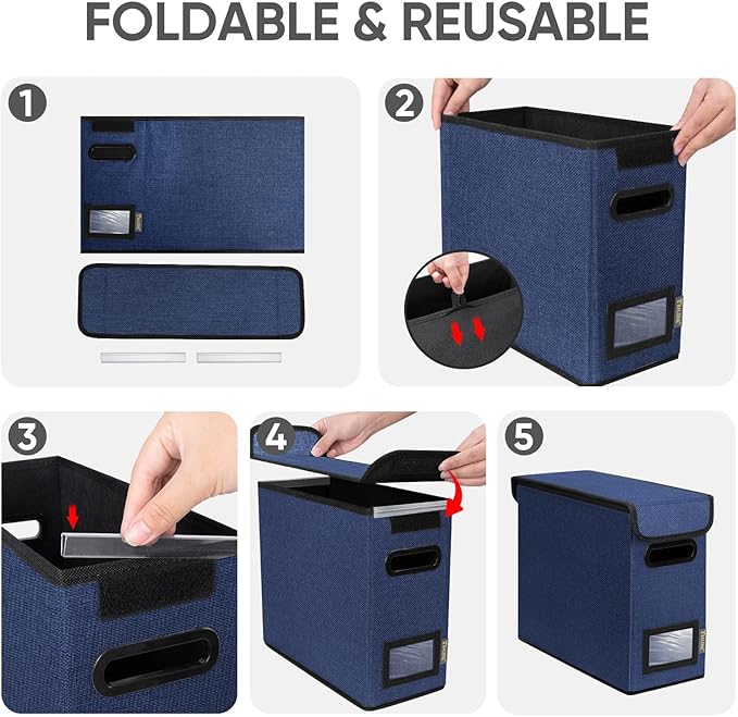 BALEINE File Organizer Box with Lid, Collapsible File Folder Organizer with Plastic Slide, Hanging File Folder Box for Office Document Storage (2 Pack, Blue, S) - Image 8