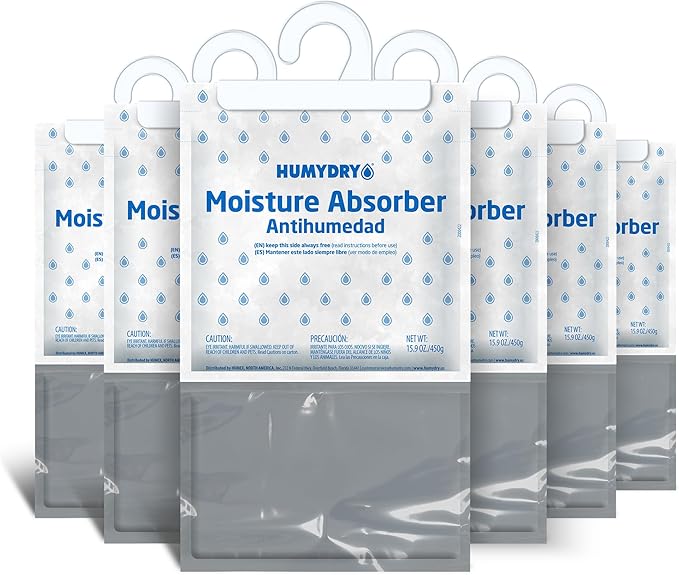 HUMYDRY Hanging Moisture Absorber for Closets, Pack of 6 Unscented 15.9 Oz Dehumidifier Bags, Non Electric Humidity Absorbers for Wardrobes Clothes Storage Areas and Small Enclosed Spaces by Humydrymoistureabsorbers