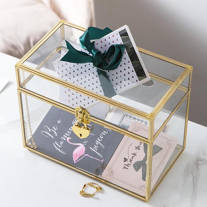 Glass Wedding Card Box with Slot and Lock, Large Clear Card Box Gold Brass Gift Card Storage Box with Lock for Wedding Receptions, Baby Shower, Birthday Party, Bridal Shower - Image 2