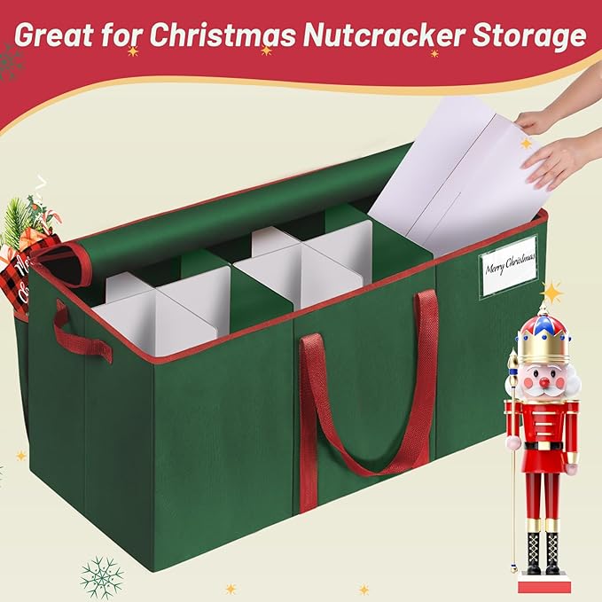Nutcracker and Figurine Collectibles Storage Box， Large Ornament Storage Organizer Stores Up to 12 Holiday Figurines-Carolers, Santa Figure, or Nut Cracker Ornaments (Green/15 Inches) - Image 5