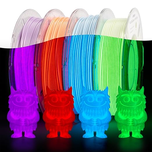 AMOLEN Silk Glow in The Dark Filament Multicolor, Glow Filament Silk Green, Blue, Purple, Orange Red 1.75mm PLA Filament, Dimensional Accuracy +/- 0.02 mm, 200g X 4 Pack by AMOLEN