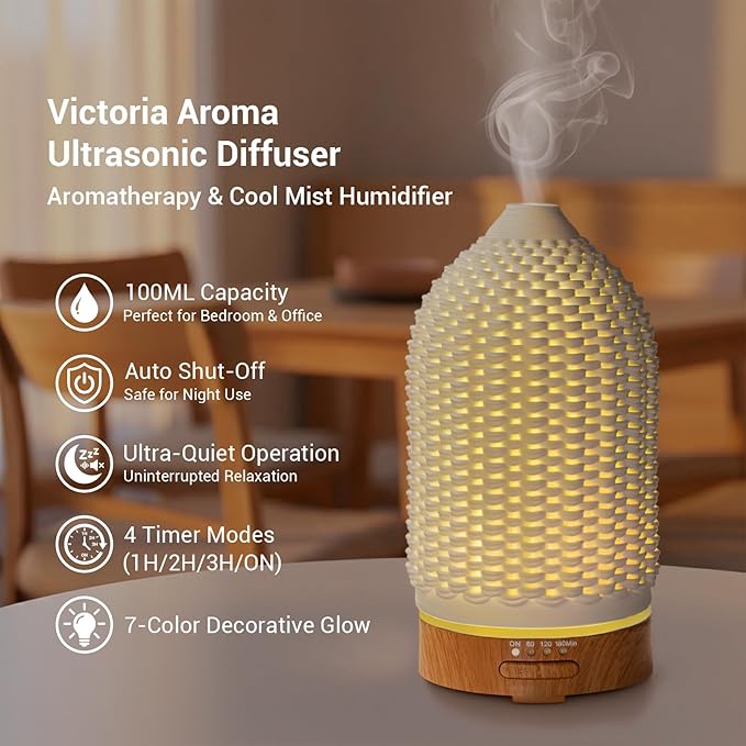 Ultrasonic Essential Oil Diffuser 100ML - Cool Mist Humidifier, 7-Color LED Lights, 3 Timer & Auto Shut-Off, Ideal Gift for Home Bedroom Office (Cream) - Image 2