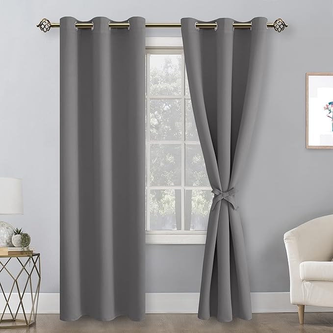 Hiasan Blackout Curtains for Bedroom, 38 x 84 Inches Long - Thermal Insulated & Light Blocking Window Curtains for Living Room, 2 Drape Panels Sewn with Tiebacks, Light Grey - Image 2