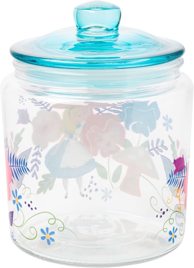 Silver Buffalo Disney Alice in Wonderland Flowers and Mushrooms Glass Cookie Snack Candy Jar with Lid (Small) - Image 3