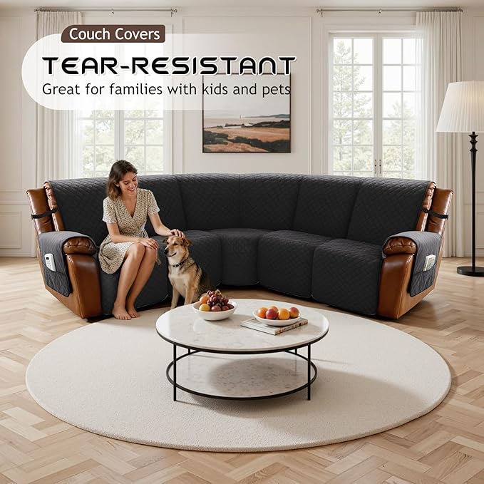 Arfntevss Waterproof Recliner Sectional Couch Covers for Reclining Sectional L Shape Sofa Cover Non Slip Washable Recliner L Shaped Slipcover Dog Additional Seat Protector (1 Seat Cover, Inky Black) - Image 7