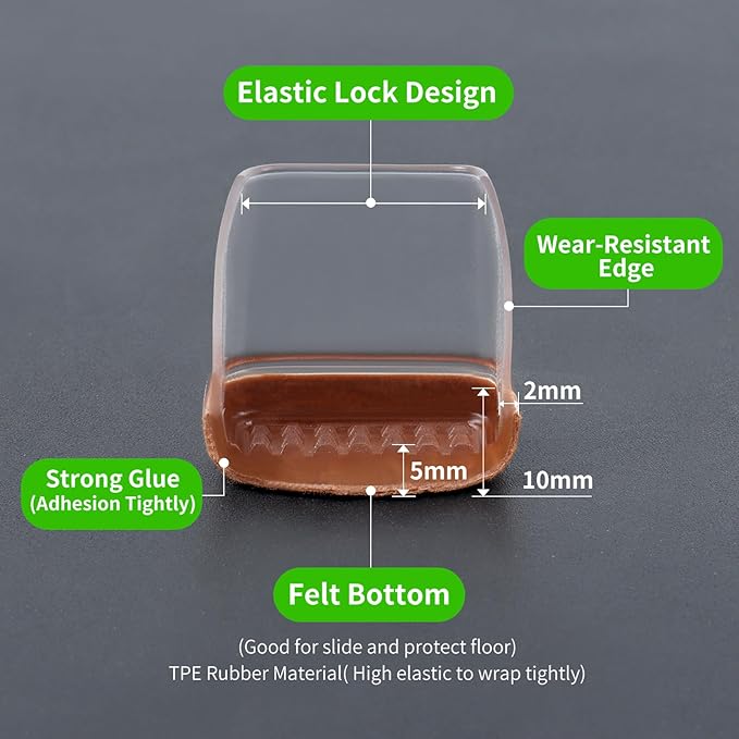 16PCS Silicone Chair Leg Caps, Clear Chair Leg Floor Protectors for Hardwood Floors, Square Felt Chair Pads, Barstool Desk Furniture Feet Floor Protectors, Anti-Scratches, Reduce Noise(Fit: 0.75"-1") - Image 3