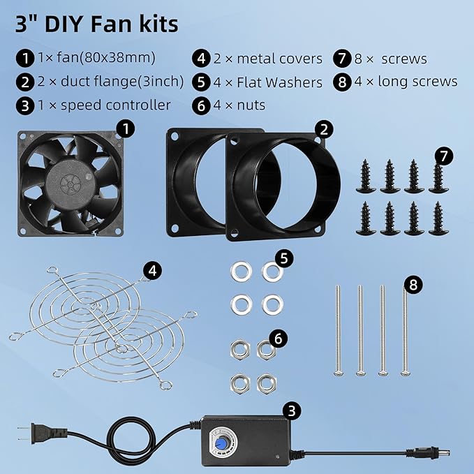 3.15” 12V DC Small Exhaust Duct Fan with Speed Control and 2-Pack 3" Square to Round Duct Flanges for Solder Fume Extractor, Laser Engraver, 3D Printer, Soldering Smoke and DIY Cooling - Image 6