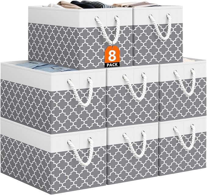 Storage Bin,Collapsible Storage Basket For Organizing,Large Storage Boxes With Rope Handles,Storage Containers,Clover Grey,8 Pack by StorageTastic