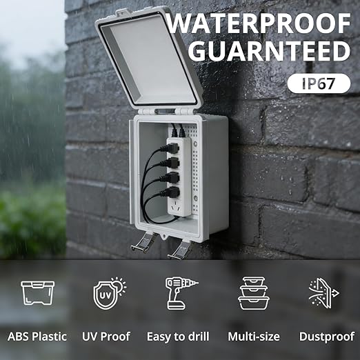 MAKERELE Small Waterproof Electrical Box Outdoor IP67 ABS Plastic Enclosure with Mounting Plate,Hinged Grey Cover,Wall Bracket,Stainless Steel Buckle and 1/4" NPT*2 (5.9"×3.9"×2.7") - Image 4