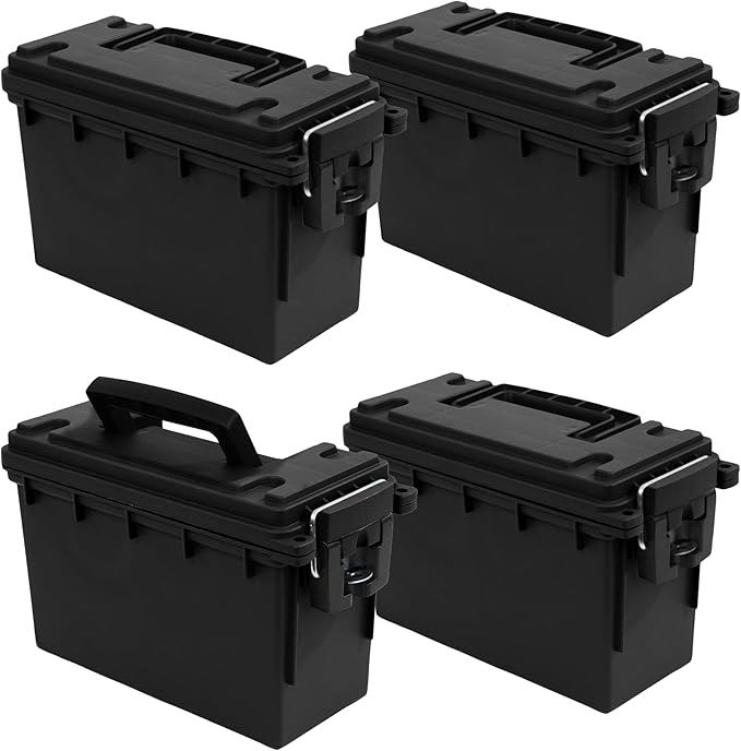 Sheffield 12772 4-Pack Ammo Storage Box, Stackable .30 Cal Field Boxes, Water and Dust Resistant, Lockable Storage Box with Handle, Secures Hunting Gear, Supplies, and Bullets, Made in USA, Black by Sheffield