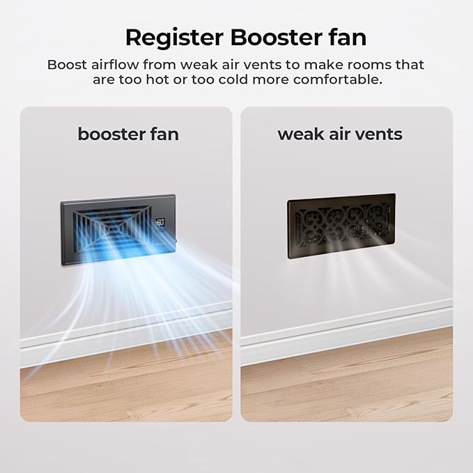 Quiet Register Booster Fan Fits 4" x 10" Register Holes, 10-Speed Smart Heating Cooling AC Vent Fan with Remote Control and Thermostat Control - Black - Image 2