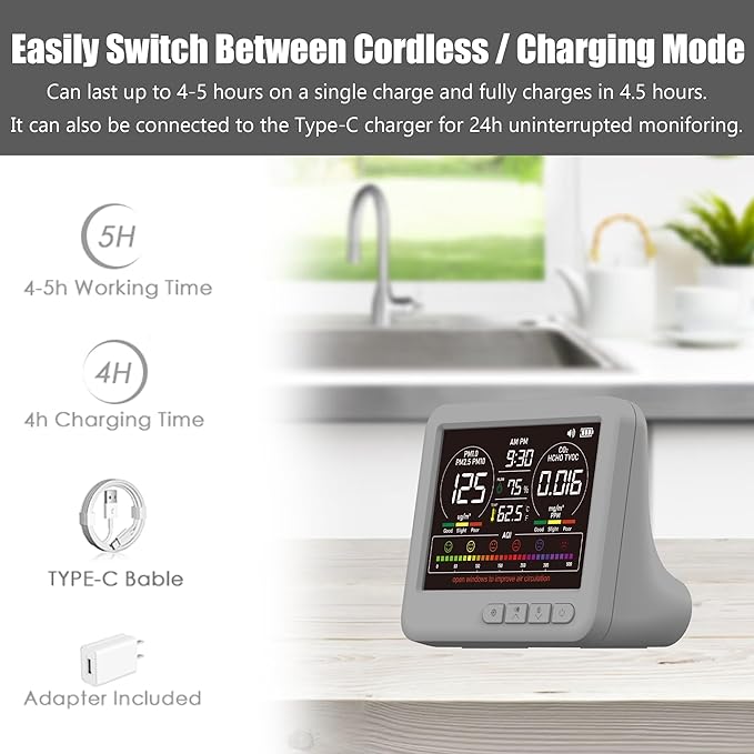 Professional Indoor Air Quality Monitor with 7X AQI,16 in 1 Portable Real-Time Detector for PM2.5 | PM10 | CO2 | TVOC | HCHO | Temp | Hum for Home Cars Plants Pets (Gray) - Image 8