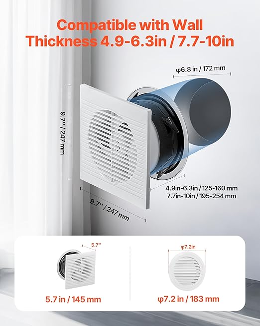 VEVOR Through-the-Wall Ventilation Fan， White Grille, 110 CFM, 6.8" Diameter Exhaust Fan Duct with 10-Inch Retractable Hose for Kitchen, Living & Laundry Room Workshop - Image 2