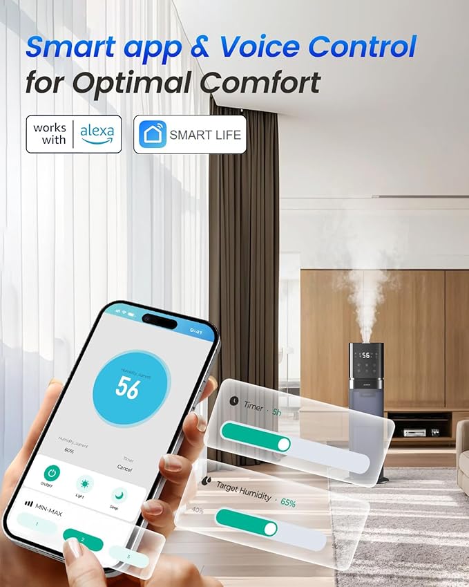 Smart Humidifier Large Room, 2.1Gal/8L Humidifiers for Bedroom with Extended Tube&Night Light, Whole House Cool Mist Humidifiers, WIFI App&Voice Control, School/Office/Warehouse, Dark Blue - Image 3