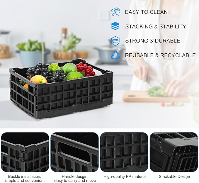 4-Pack Heavy Duty Stackable Storage Crates Plastic Collapsible Milk Crate Garage Organizing Bins Storage Containers for Home Office Moving Supplies, Black - Image 5