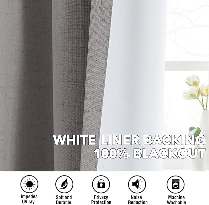 H.VERSAILTEX Linen Curtains 100% Blackout Curtains for Bedroom 84 inch Long Full Light Blocking Nature Linen Blended Window Curtains for Living Room Nickel Grommet (2 Panels, Heathered Dove) - Image 6