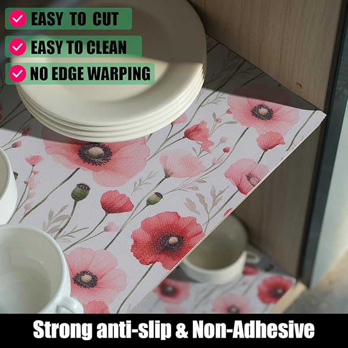 Floral Shelf Liners Strong Non-Slip and Non Adhesive Shelf and Drawer Liners for Kitchen Cabinet Wire Fridge, Waterproof Shelf Drawer Liner,Easy to Clean,12IN x 10FT,Red - Image 2