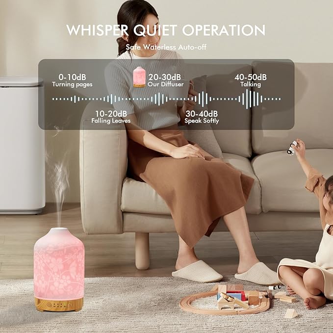Aromatherapy Essential Oil Diffuser 150ml Ceramic Ultrasonic Aroma Oil Diffuser Humidifier Whisper Quiet Timer Setting 7 LED Colors Changing Lights for Home Office (Cherry Blossom) - Image 4