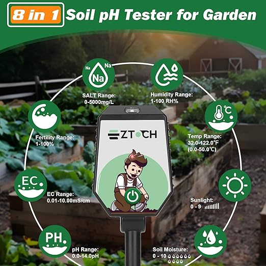Bluetooth Soil pH EC Tester, Smart Plant pH Fertility Meter, 8 in 1 pH EC Fertility Temp Salt Moisture Light Intensity Air Humidity Monitor for Blueberry, Garden, Lawn, Raised Garden Beds - Image 4