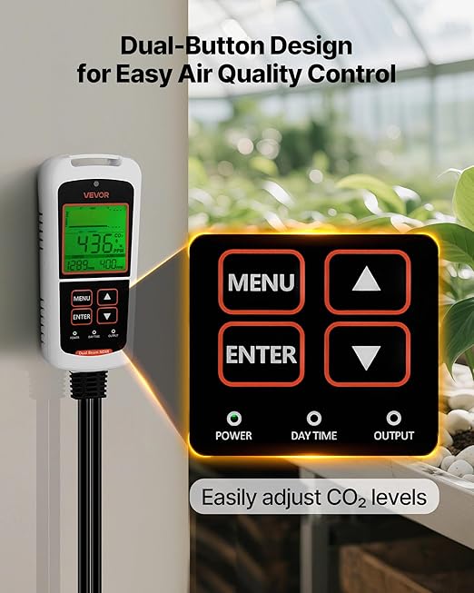 VEVOR Carbon Dioxide Monitoring Controller, Dual Outlets CO2 Monitor & Controller, Carbon Dioxide Sensor Day and Night Detection Feature, NDIR CO2 Sensor for Greenhouse, Laboratories, Classrooms, Home - Image 6