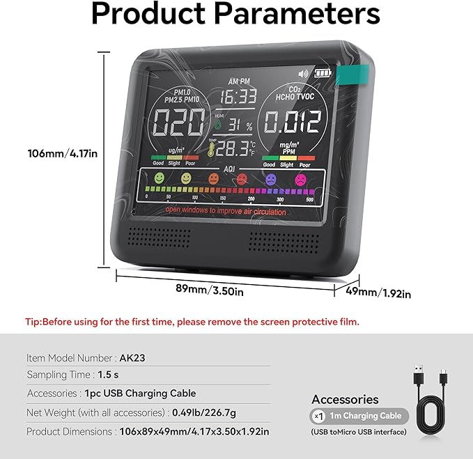16-in-1 Air Quality Monitor Indoor with 7AQI Beep Alarm, CO2 Monitor, Air Quality Detector with PM1.0 | PM2.5 | PM10 | Temp | HUM | Formaldehyde | VOC Tester for Home Office Plant (Soft Black) - Image 7